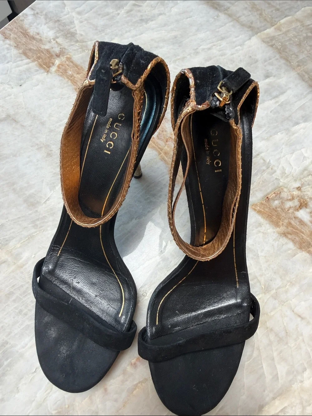 Gucci Black Suede Sandals with Gold-Tone Stiletto and Brown Snake-Trim Ankle
